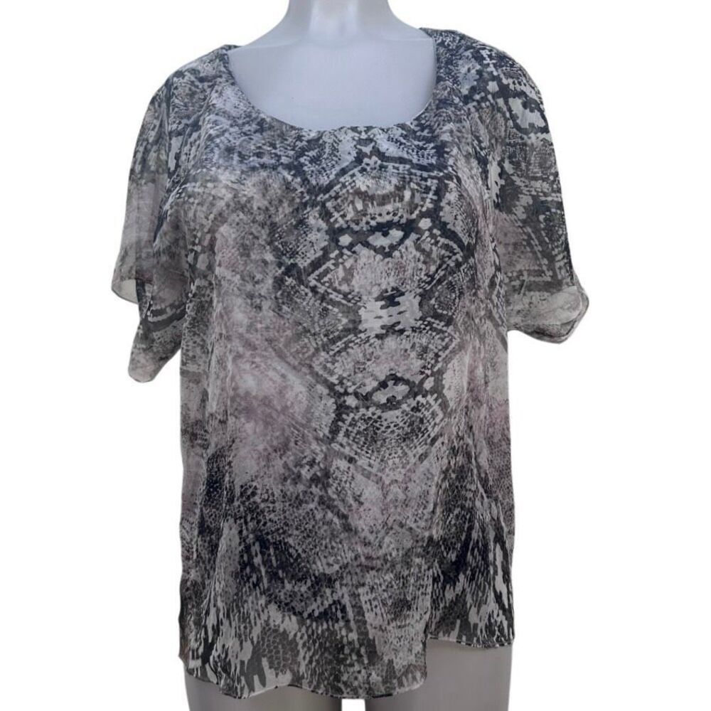 Style & Co. Blouse Women's Medium Black Tan Snakeskin Print Sheer Sleeves
